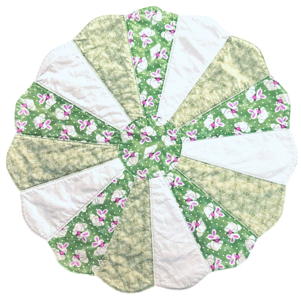 Spring Bunny Quilted Table Topper Handmade Reversible Green Floral Scalloped 21"